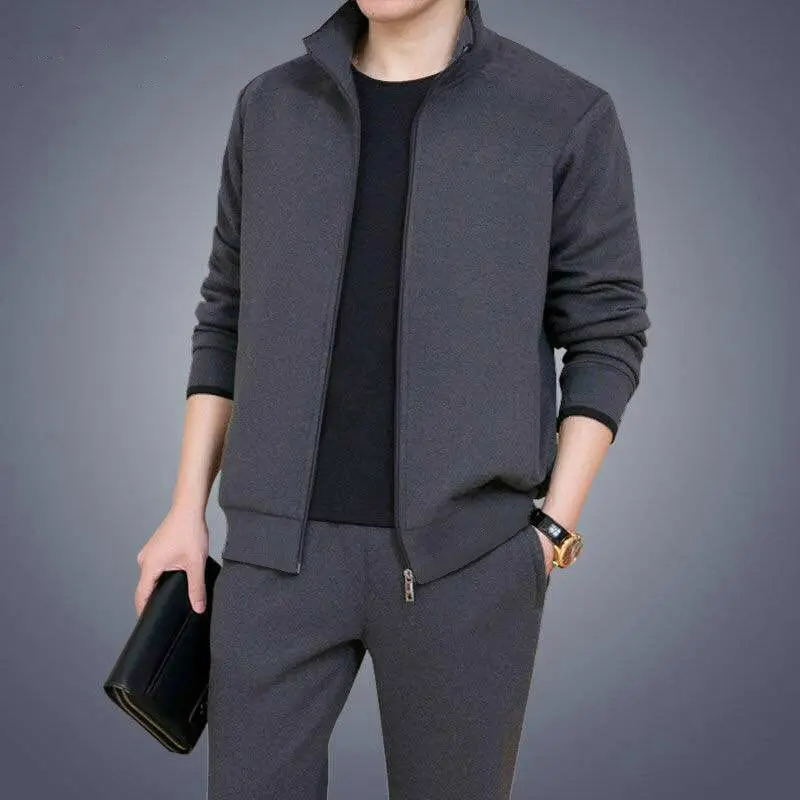 Men Grey Zipper Suit Plus Size Spring Autumn - Image 4