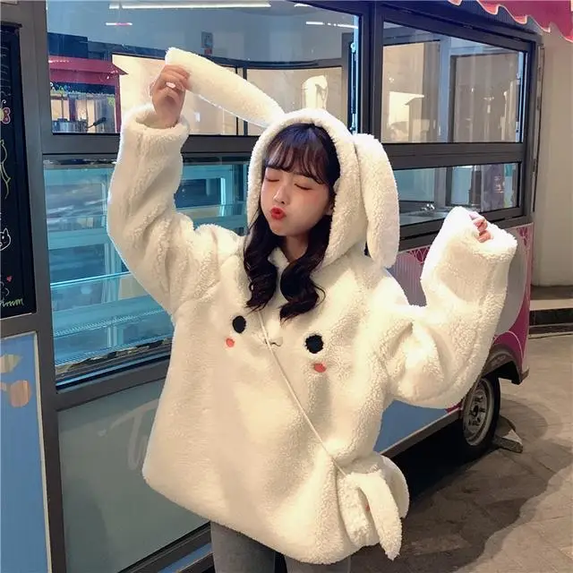 Women Faux Wool Plush Hooded Jacket with Bunny Ears - Image 4