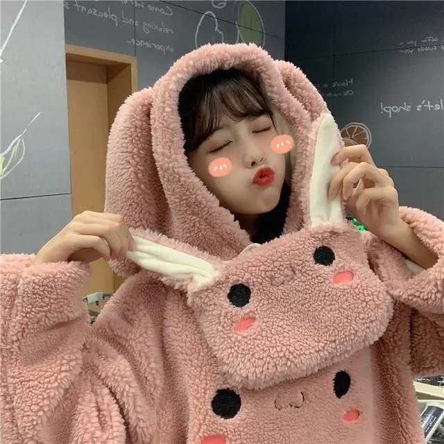 Women Faux Wool Plush Hooded Jacket with Bunny Ears - Image 5