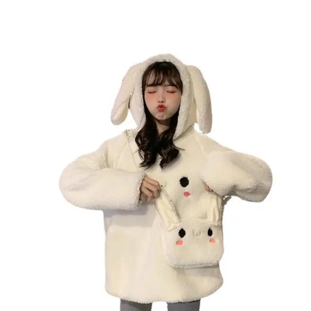 Women Faux Wool Plush Hooded Jacket with Bunny Ears - Image 7
