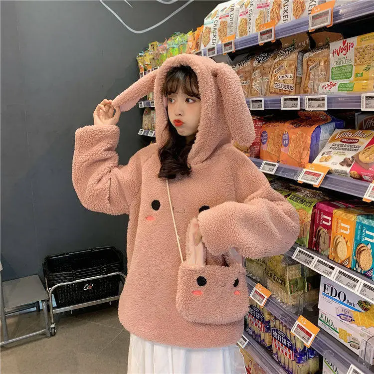 Women Faux Wool Plush Hooded Jacket with Bunny Ears — feature 10