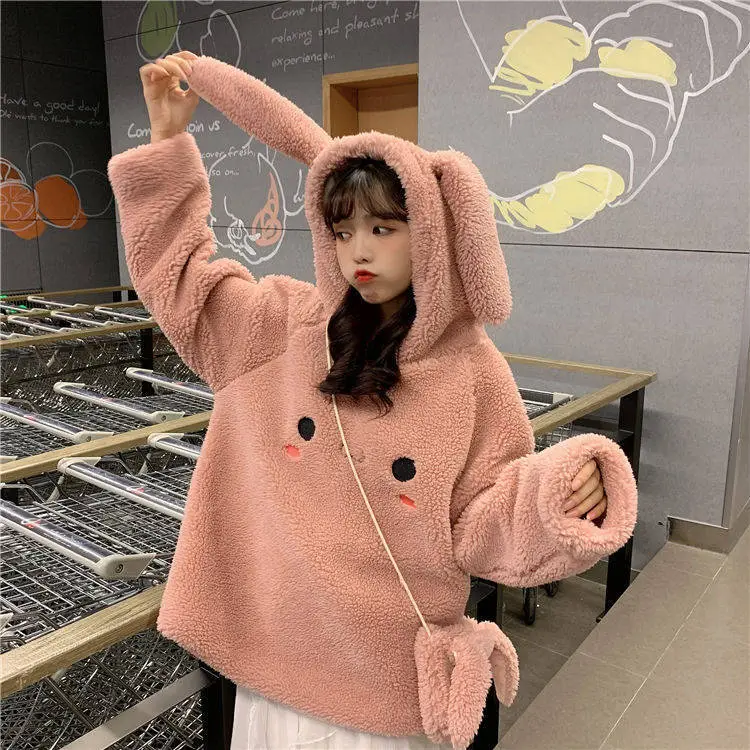 Women Faux Wool Plush Hooded Jacket with Bunny Ears — feature 13
