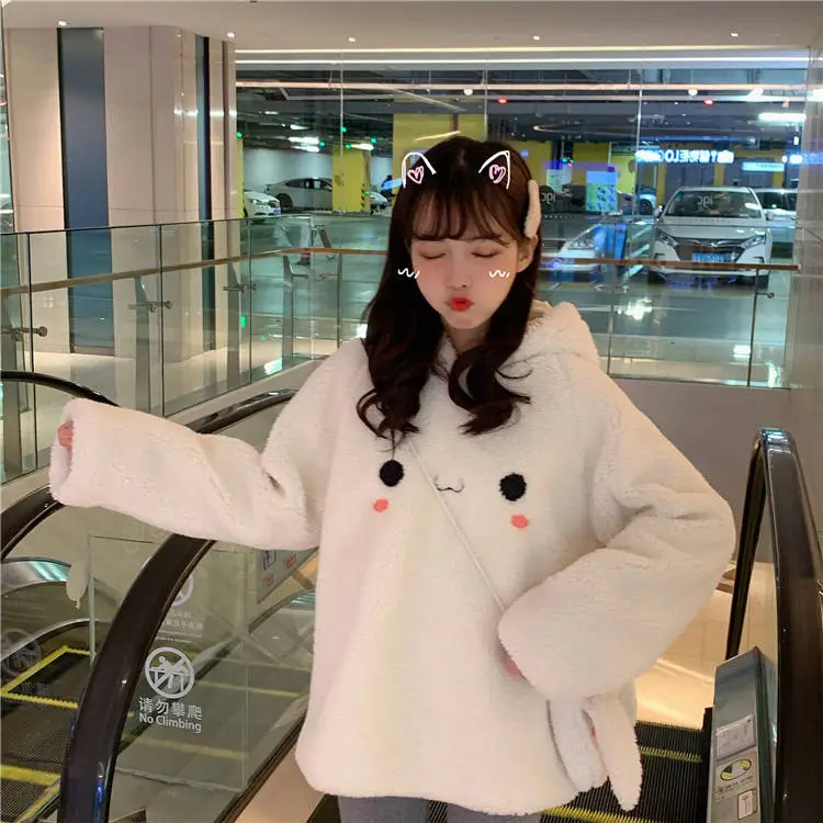 Women Faux Wool Plush Hooded Jacket with Bunny Ears — feature 3