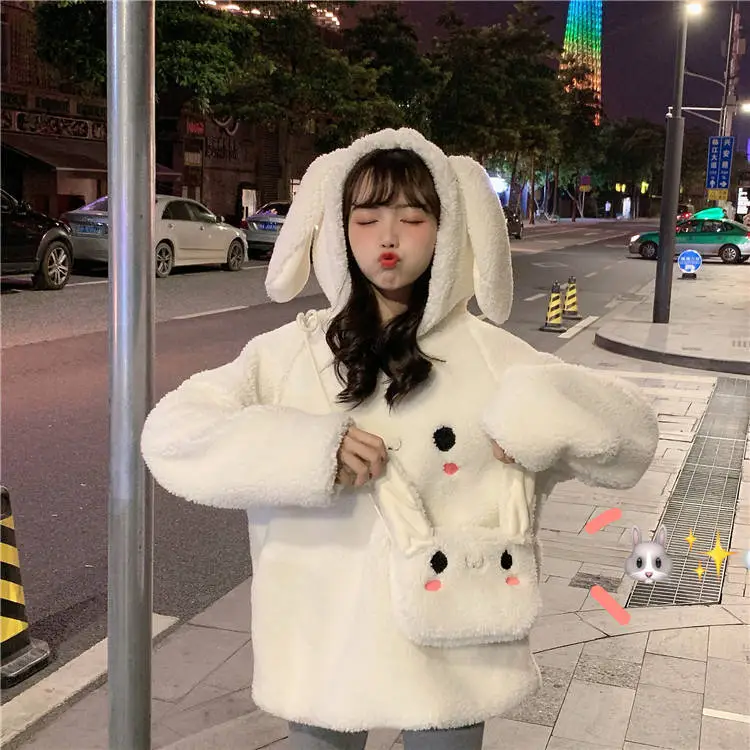 Women Faux Wool Plush Hooded Jacket with Bunny Ears — feature 5