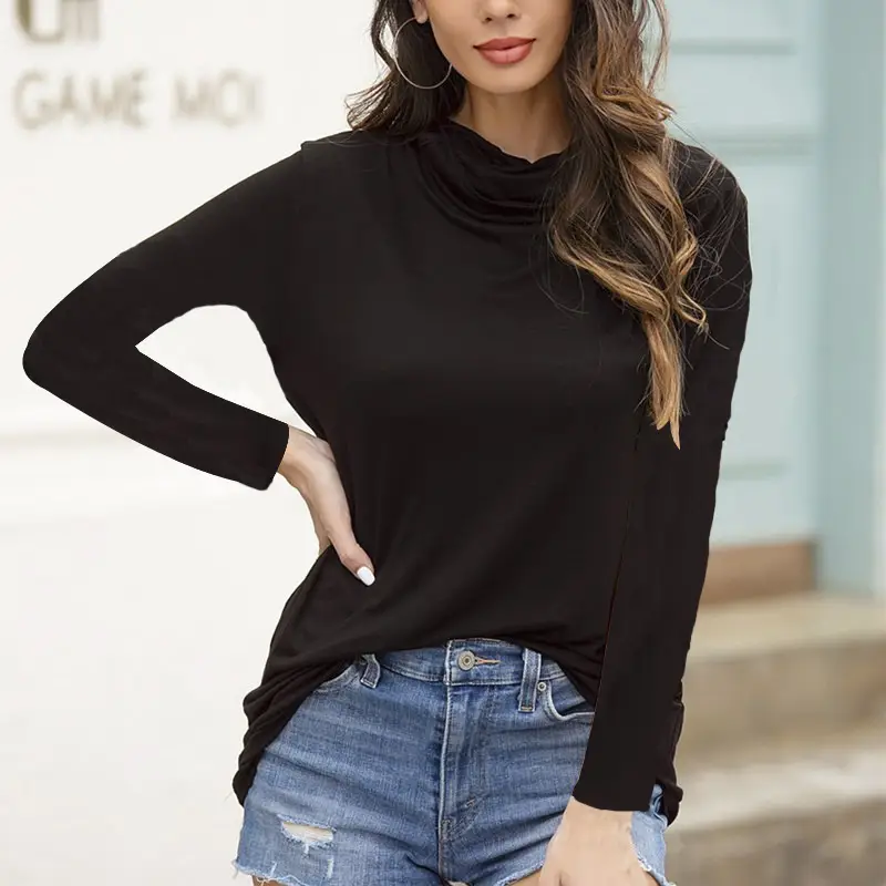 Women's Black High Collar Long Sleeve T-Shirt Top