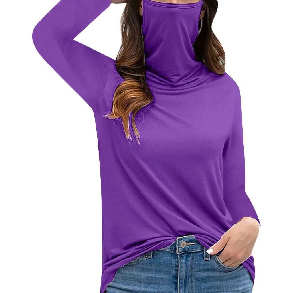 Women's Black High Collar Long Sleeve T-Shirt Top