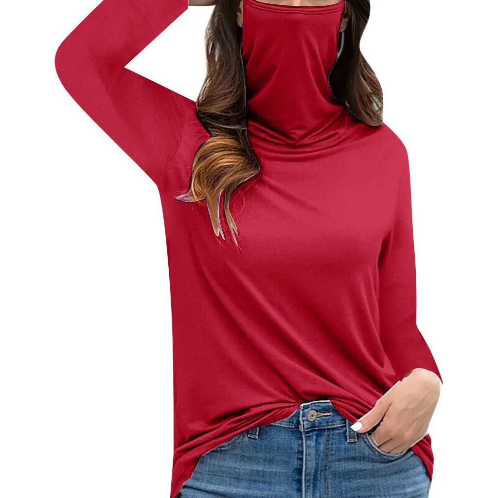 Women's Black High Collar Long Sleeve T-Shirt Top