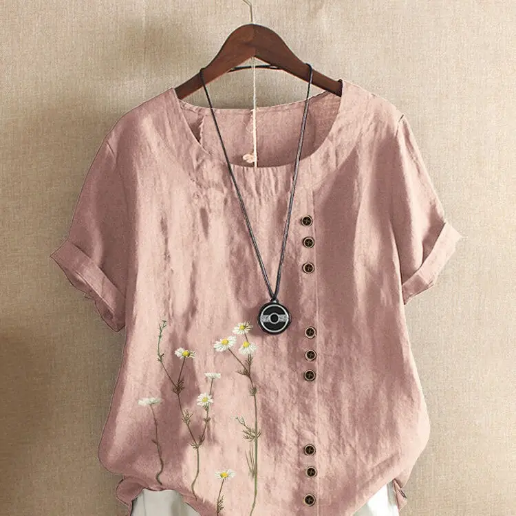 Green Vintage Linen Blouse with Floral Print & Button Front - Image 7