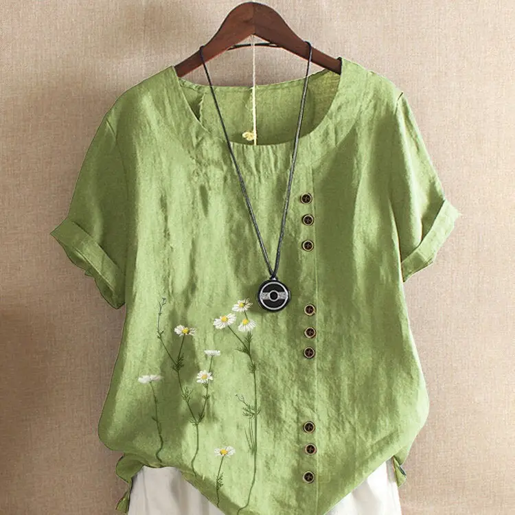 Green Vintage Linen Blouse with Floral Print & Button Front