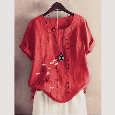 Green Vintage Linen Blouse with Floral Print & Button Front
