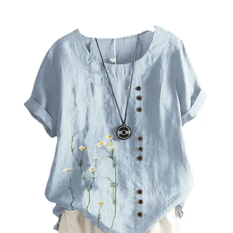 Green Vintage Linen Blouse with Floral Print & Button Front