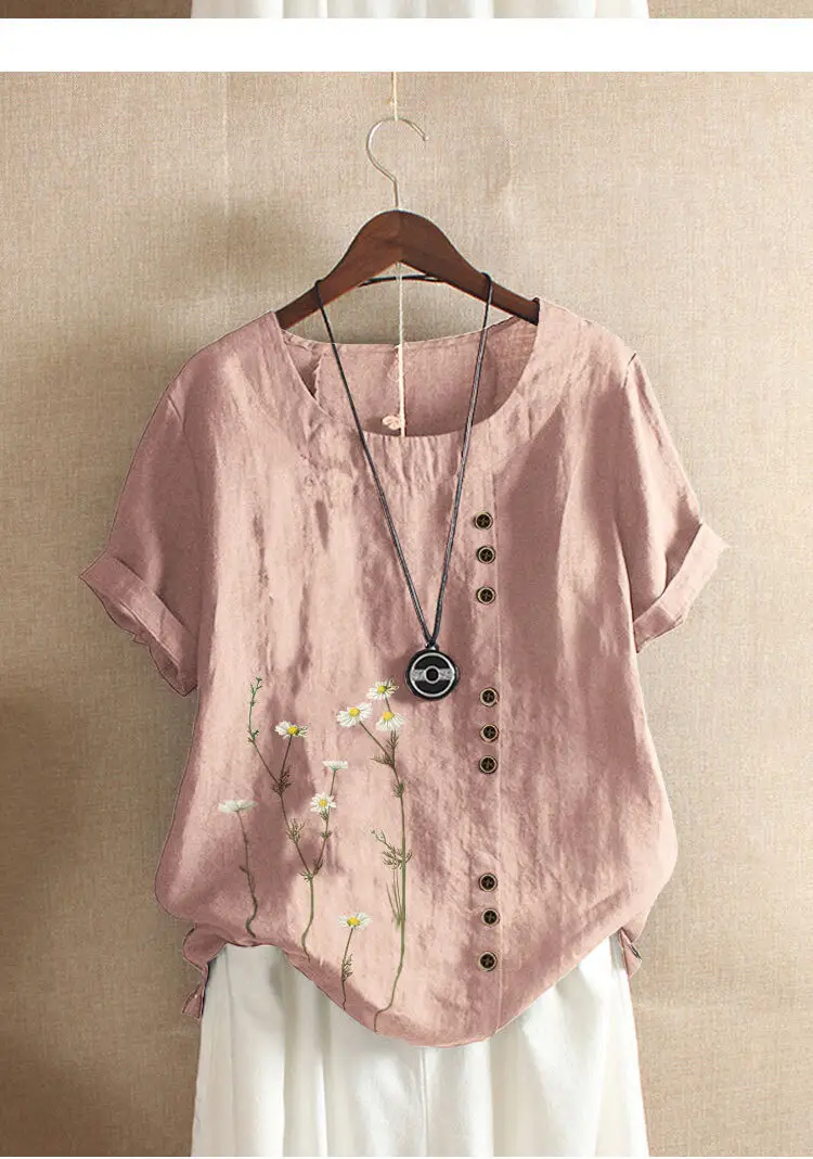 Green Vintage Linen Blouse with Floral Print & Button Front — feature 13
