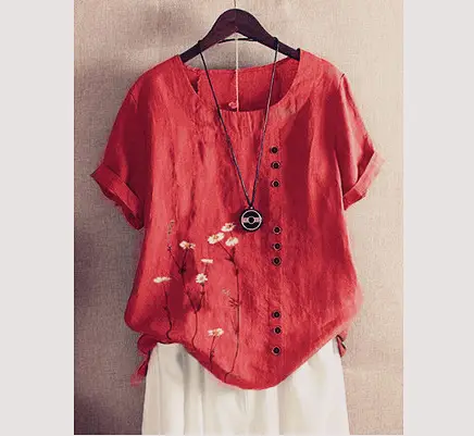 Green Vintage Linen Blouse with Floral Print & Button Front