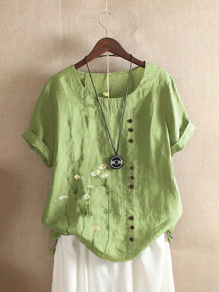 Green Vintage Linen Blouse with Floral Print & Button Front - Image 3