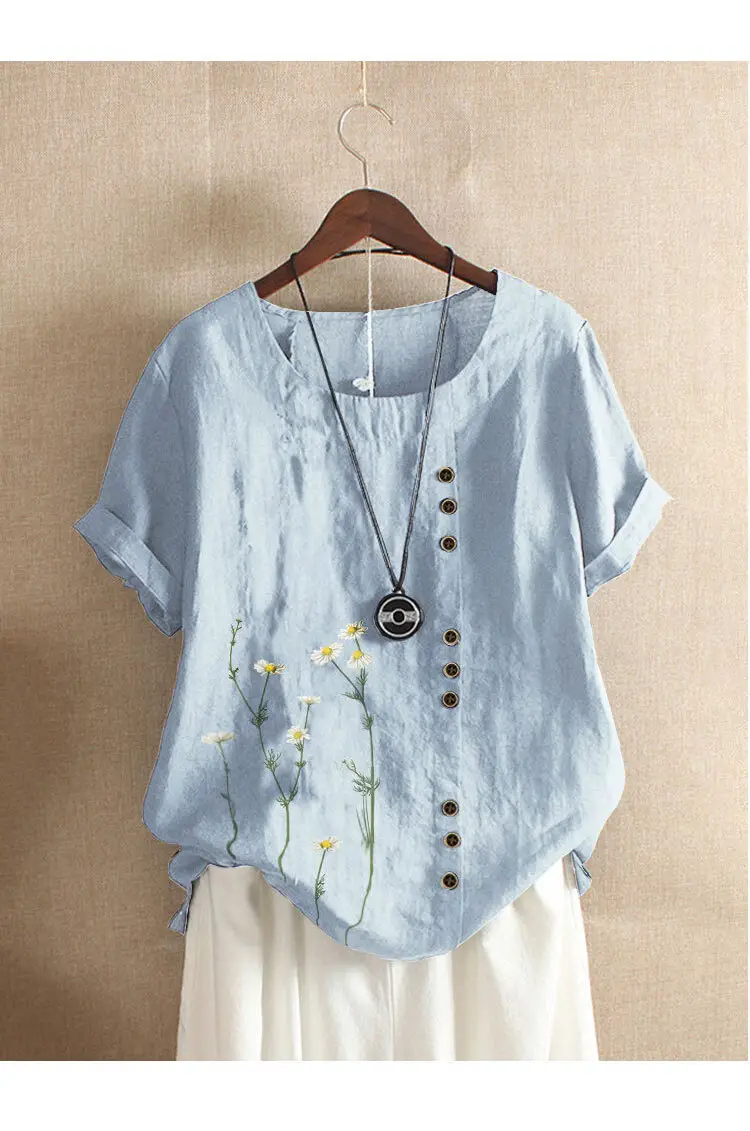 Green Vintage Linen Blouse with Floral Print & Button Front