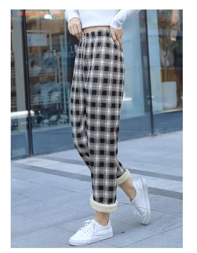 Women Plaid Velvet Pants Autumn Winter Warm Outerwear — feature 2