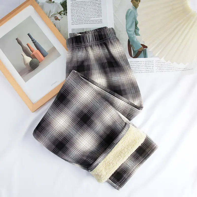 Women Plaid Velvet Pants Autumn Winter Warm Outerwear - Image 11