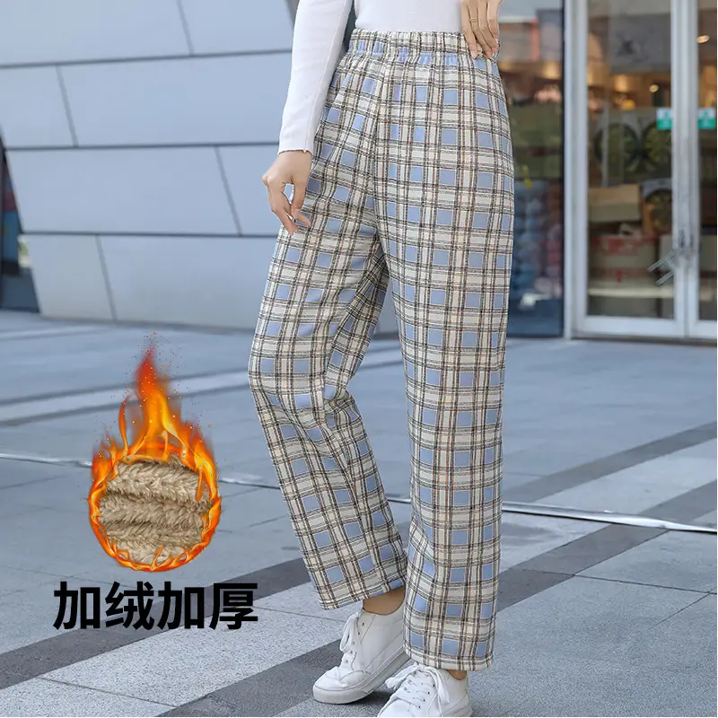 Women Plaid Velvet Pants Autumn Winter Warm Outerwear - Image 4