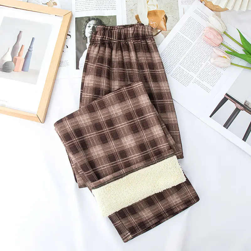 Women Plaid Velvet Pants Autumn Winter Warm Outerwear - Image 6