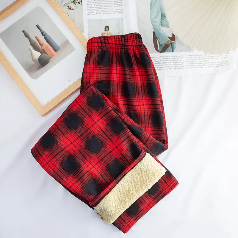 Women Plaid Velvet Pants Autumn Winter Warm Outerwear - Image 7