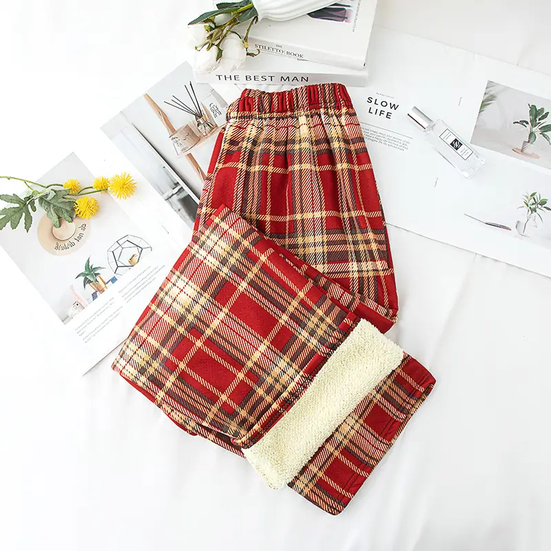 Women Plaid Velvet Pants Autumn Winter Warm Outerwear - Image 8