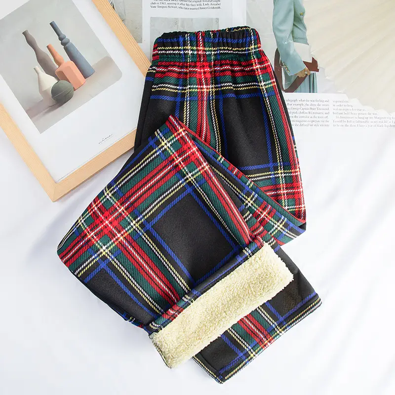 Women Plaid Velvet Pants Autumn Winter Warm Outerwear - Image 9