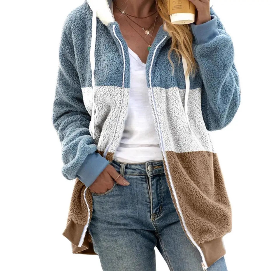 Women Hooded Plush Coat Green White Striped Winter Warm