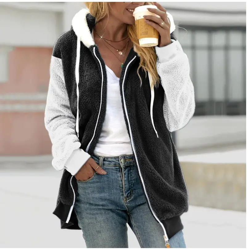 Women Hooded Plush Coat Green White Striped Winter Warm