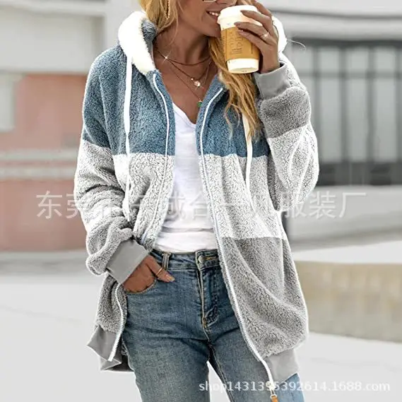 Women Hooded Plush Coat Green White Striped Winter Warm