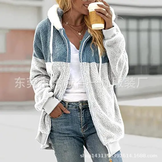 Women Hooded Plush Coat Green White Striped Winter Warm