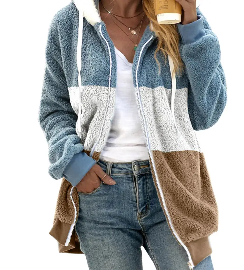 Women Hooded Plush Coat Green White Striped Winter Warm