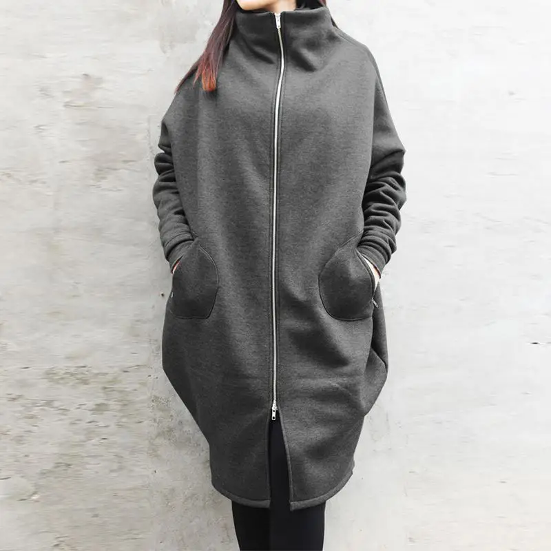 2023 Women Grey Zipper Hooded Sweatshirt Long Coat - Image 5