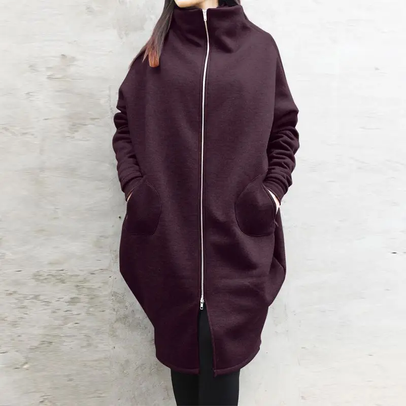 2023 Women Grey Zipper Hooded Sweatshirt Long Coat - Image 6