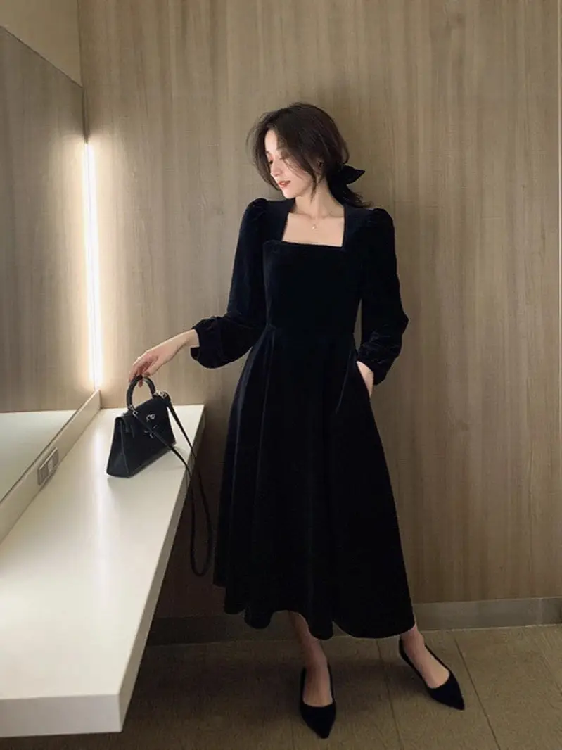 Black Velvet Square Neck Mid-Length Dress for Women