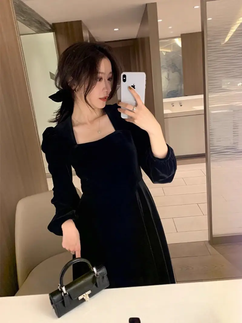 Black Velvet Square Neck Mid-Length Dress for Women