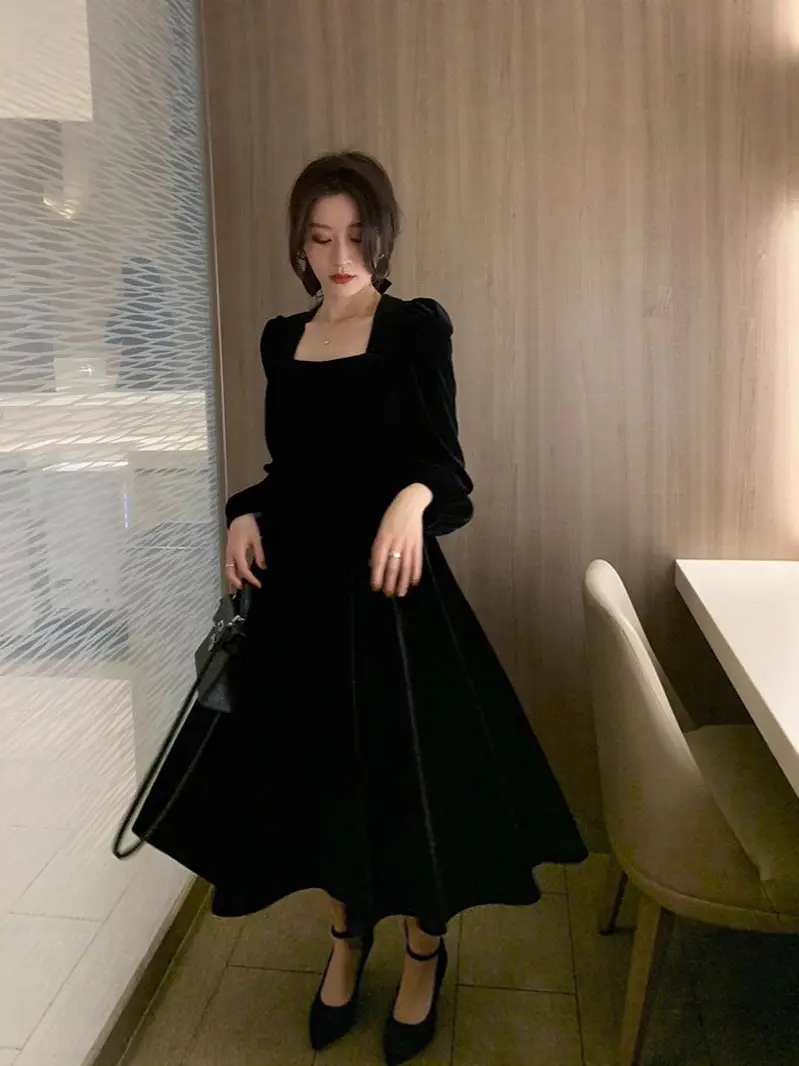 Black Velvet Square Neck Mid-Length Dress for Women