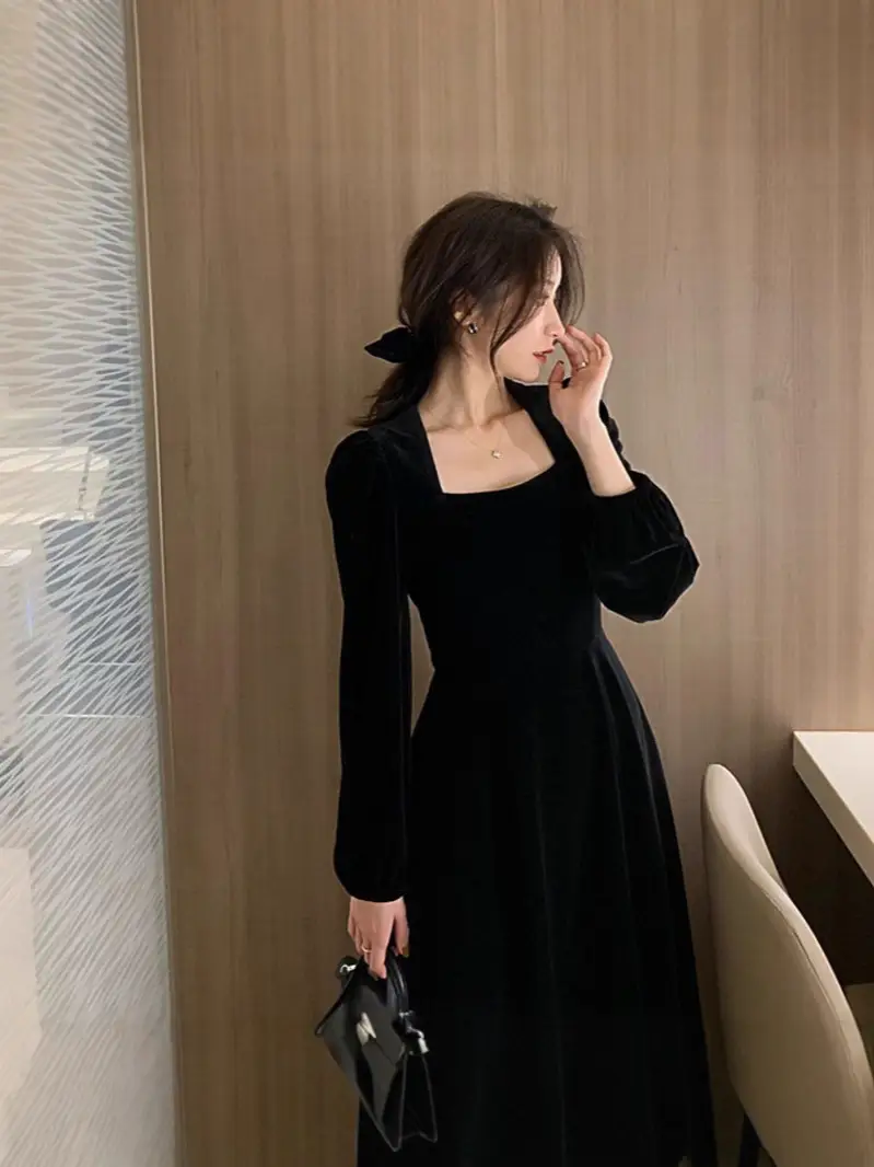 Black Velvet Square Neck Mid-Length Dress for Women