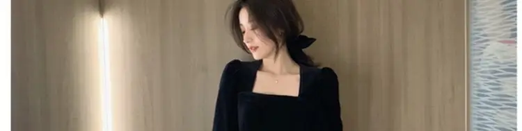 Black Velvet Square Neck Mid-Length Dress for Women — feature 5