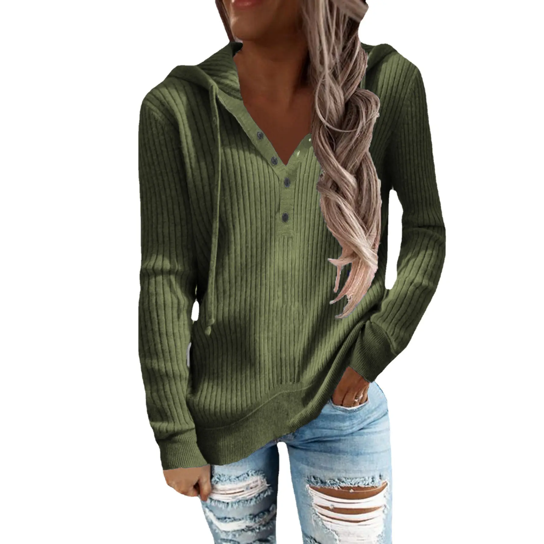 Orange Long Sleeve V-Neck Hooded Sweater for Women - Image 12