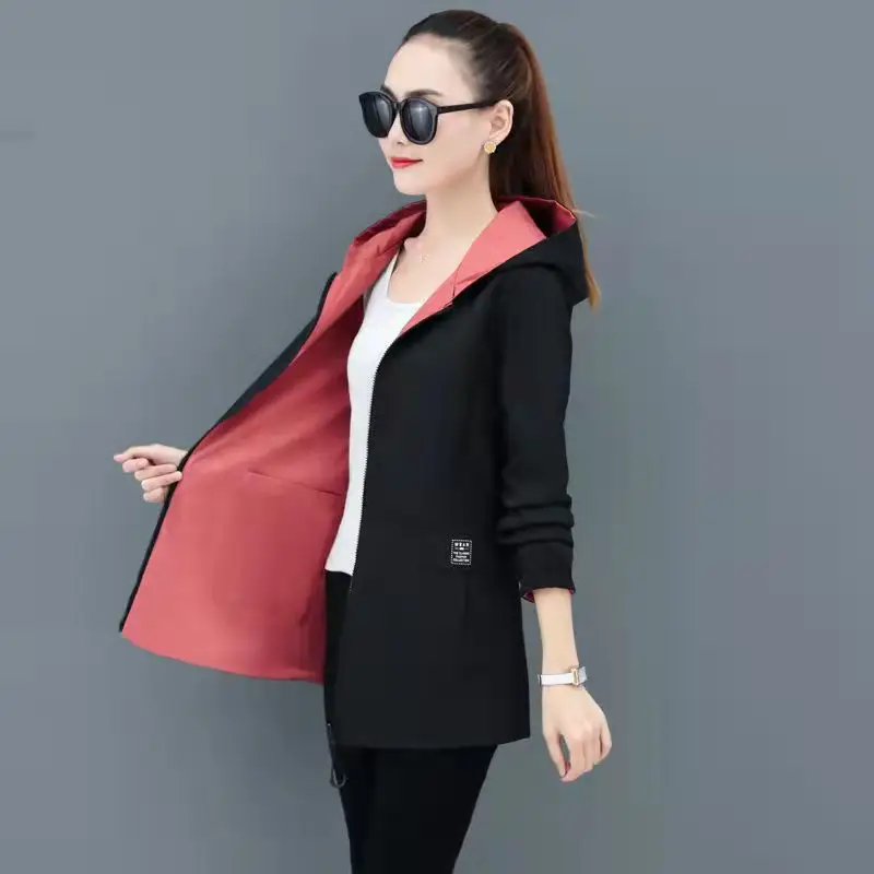 Women Reversible Trench Coat Black Red Hooded Spring Top