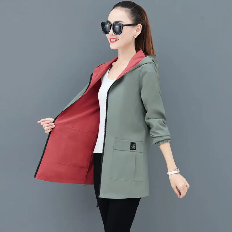 Women Reversible Trench Coat Black Red Hooded Spring Top