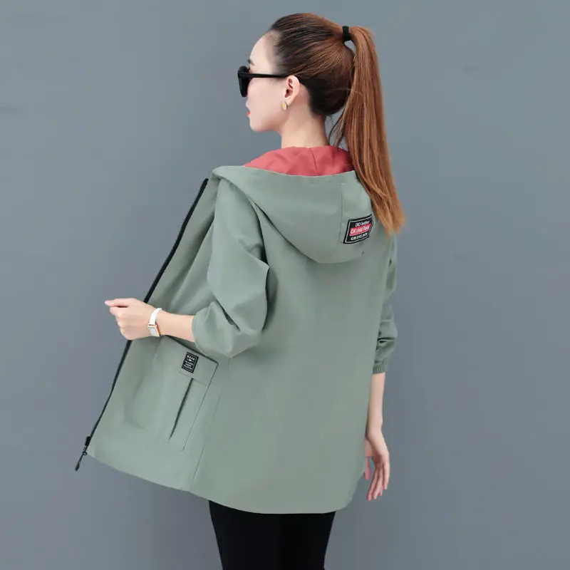 Women Reversible Trench Coat Black Red Hooded Spring Top