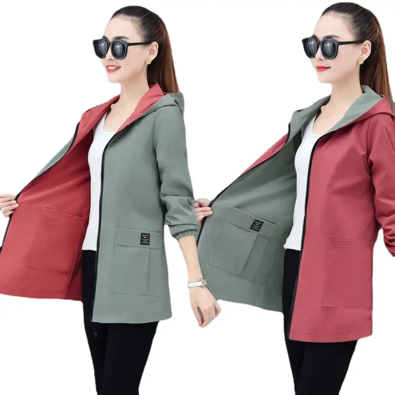 Women Reversible Trench Coat Black Red Hooded Spring Top