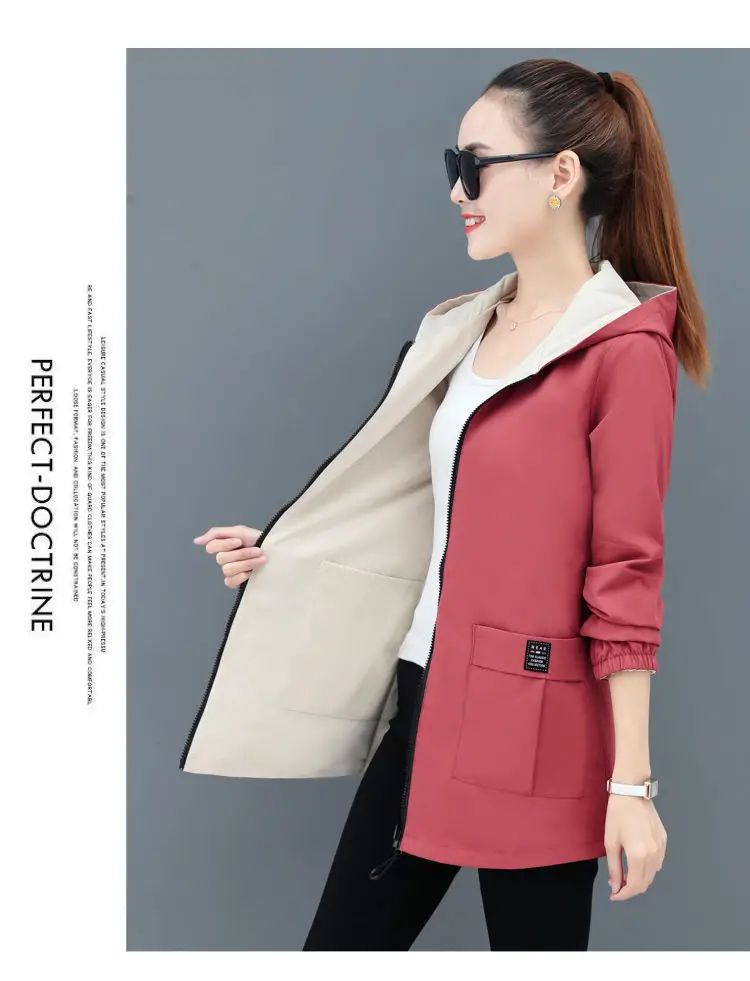 Women Reversible Trench Coat Black Red Hooded Spring Top — feature 10