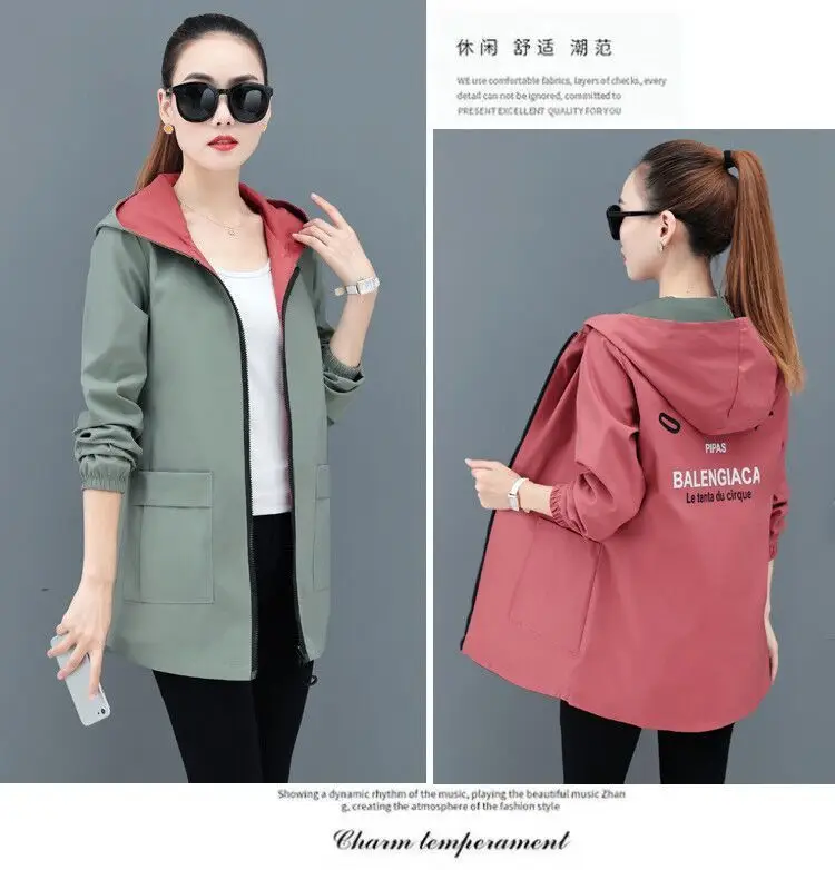 Women Reversible Trench Coat Black Red Hooded Spring Top — feature 11
