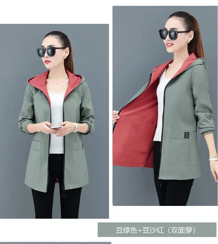 Women Reversible Trench Coat Black Red Hooded Spring Top — feature 12