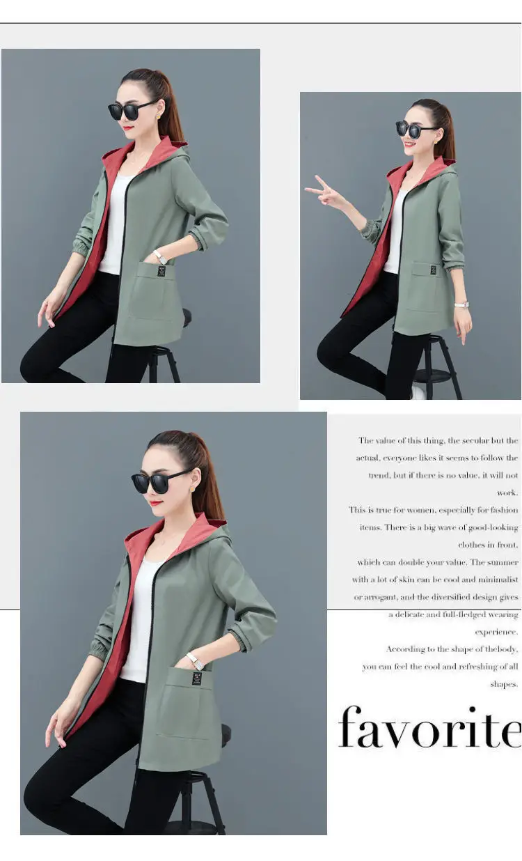 Women Reversible Trench Coat Black Red Hooded Spring Top — feature 13