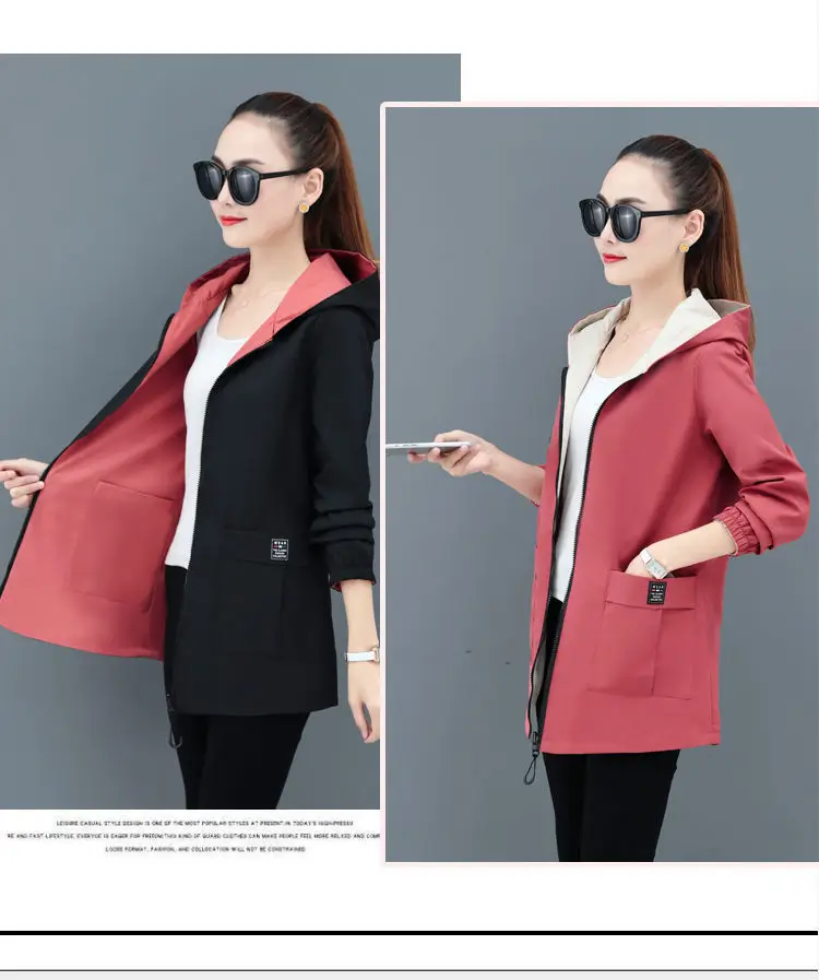 Women Reversible Trench Coat Black Red Hooded Spring Top — feature 6