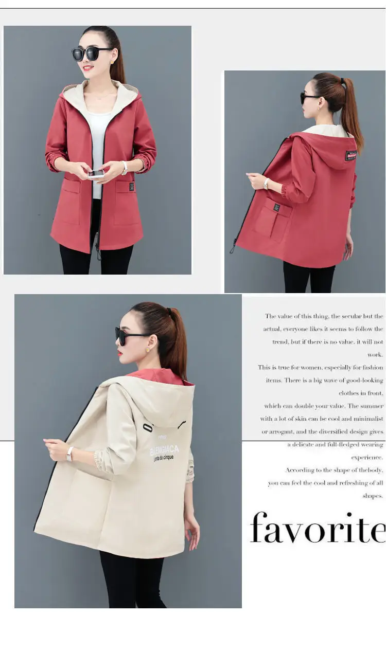 Women Reversible Trench Coat Black Red Hooded Spring Top — feature 9