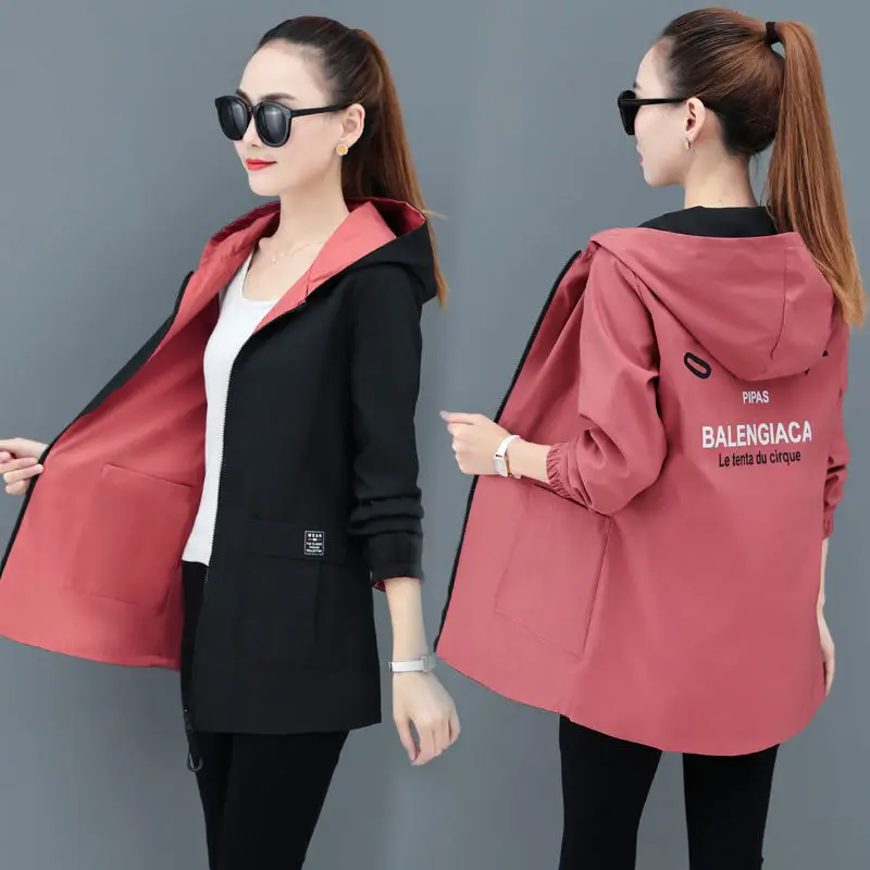Women Reversible Trench Coat Black Red Hooded Spring Top